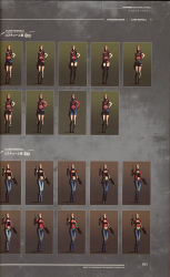 Rule 34 | alternate costume, claire redfield, concept art, denim, denim jacket, dress, gun, highres, jacket, jeans, leather, leather jacket, machine gun, official art, pants, ponytail, red jacket, resident evil, thighhighs, variations, weapon