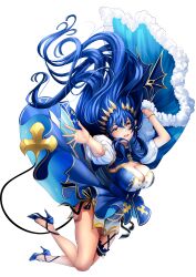 1girl absurdres blue_dress blue_hair blue_shoes breasts brown_horns cleavage cleavage_cutout clothing_cutout demon_girl demon_horns demon_tail detached_sleeves dress falling floating_hair frilled_thigh_strap full_body hair_between_eyes high_heels highres horns jewelry konekoneko_(konekopi) large_breasts long_hair looking_at_viewer nanashi_inc. open_mouth pointy_ears puffy_detached_sleeves puffy_sleeves reaching reaching_towards_viewer ring shimamura_charlotte shimamura_charlotte_(9th_costume) shoes simple_background sleeveless sleeveless_dress smile solo tail thigh_strap transparent_background very_long_hair virtual_youtuber white_sleeves yellow_eyes