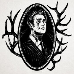 Rule 34 | 1boy, antlers, baroquegothik, black hair, black necktie, black suit, collared shirt, crack, cracked glass, cracked skin, empty eyes, facing viewer, formal clothes, greyscale, hair slicked back, horns, implied injury, male focus, mirror, monochrome, necktie, original, shirt, short hair, sideburns, solo, suit, upper body, white shirt