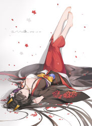 1girl absurdres akagi_(warship_girls_r) artist_name barefoot black_choker black_hair black_kimono breasts brown_eyes choker cleavage dated floral_print floral_print_kimono flower hair_flower hair_ornament highres japanese_clothes kimono large_breasts legs_up long_hair looking_at_viewer lying morimori_(14292311) nail_polish on_back print_kimono red_flower red_nails shoulder_tattoo solo tattoo toenail_polish toenails upside-down very_long_hair warship_girls_r