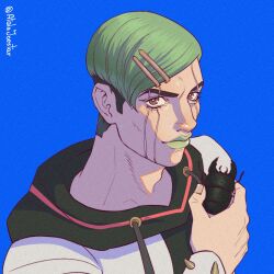 Rule 34 | 1boy, atalajoestar, black hair, black hood, blue background, brown eyes, green hair, green lips, hair ornament, hairclip, higashikata jobin, highres, holding bug, hood, hood down, hoodie, jojo no kimyou na bouken, jojolion, looking at viewer, makeup, male focus, multicolored hair, scar, scar across eye, scar on face, solo, spiked clothes, spikes, stag beetle, two-tone hair, undercut, white hoodie