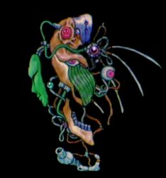 black_background cable colored_skin eyeball green_skin highres jaw lips machinery monster original pink_eyes plastiboo teeth