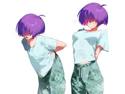 1girl ahoge arms_behind_back breasts cleavage closed_mouth commentary english_commentary green_pants highres leaning_forward mara_(raneblu) multiple_views open_mouth original pants purple_hair raneblu shirt short_hair simple_background small_breasts smile squeans standing tight_clothes white_background white_shirt yawning