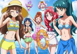 5girls :d akagi_towa amanogawa_kirara aroma_(go!_princess_precure) bandeau barefoot bikini bikini_shorts bird black_hair blue_hair bow braid brown_hair closed_eyes cloud cowboy_shot crown_braid day dog earrings female_focus frills glasses go!_princess_precure green_bikini grin hairband hanzou haruno_haruka hat innertube jewelry kaidou_minami long_hair looking_at_viewer midriff multiple_girls nanase_yui navel one-piece_swimsuit one_eye_closed open_mouth pink_skirt precure puff_(go!_princess_precure) purple_eyes red_bow red_eyes red_hair sarong short_hair shorts skirt sky smile standing star_(symbol) star_earrings strapless strapless_bikini swim_ring swimsuit thick_eyebrows twin_braids water white_one-piece_swimsuit