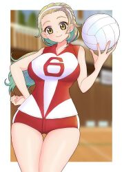 1girl absurdres amanone_yun ball blonde_hair blurry blurry_background brown_eyes closed_mouth commentary cowboy_shot depth_of_field girls_und_panzer gym hair_pulled_back hairband hand_on_own_hip highres holding holding_ball indoors long_hair looking_at_viewer ponytail red_shirt red_shorts sasaki_akebi shirt short_shorts shorts single_vertical_stripe sleeveless sleeveless_shirt smile solo sportswear standing thigh_gap volleyball volleyball_(object) volleyball_uniform white_hairband