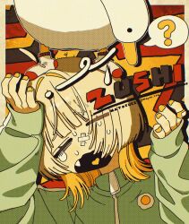 1girl ? animal bird blonde_hair blush border closed_eyes colored_inner_hair duck eyes_visible_through_hair fang fingernails green_jacket hair_intakes heart highres jacket long_sleeves mayoi_zzz medium_hair multicolored_hair nail_polish open_mouth orange_nails original outside_border screentones socks solo speech_bubble sweat tears tongue upper_body white_border wispy_bangs zipper zipper_pull_tab