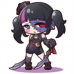 1girl absurdres bandaged_leg bandages bare_shoulders bike_shorts black_boots black_gloves black_hair black_hat black_kimono black_shorts blue_eyes blush boots chibi cleavage_cutout closed_mouth clothing_cutout commentary_request dual_wielding earrings gloves glowing glowing_eye hat heterochromia highres holding holding_sword holding_weapon japanese_clothes jewelry kimono mini_hat multicolored_hair original patchwork_skin pink_eyes pink_hair purple_eyes qingdai_guanmao saishosaisekojo scimitar shorts skull solo streaked_hair sword tilted_headwear twintails weapon