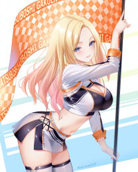 1girl akiei blonde_hair blue_eyes blush breasts checkered_flag cleavage cleavage_cutout clothing_cutout commentary_request crop_top flag gakuen_idolmaster gradient_hair highres holding holding_flag idolmaster juo_sena large_breasts leaning_forward long_hair long_sleeves looking_at_viewer midriff miniskirt multicolored_hair navel race_queen shrug_(clothing) skirt smile solo thighhighs white_shrug white_skirt white_thighhighs
