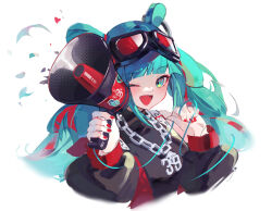 1girl 39 ;d absurdres aqua_eyes aqua_hair bare_shoulders black_jacket black_shirt chain commentary cropped_torso goggles goggles_on_head hatsune_miku heart highres holding holding_megaphone jacket long_hair long_sleeves looking_at_viewer magical_mirai_(vocaloid) magical_mirai_miku magical_mirai_miku_(2023) megaphone nail_polish one_eye_closed open_clothes open_jacket open_mouth puffy_long_sleeves puffy_sleeves red_nails shirt simple_background sleeveless sleeveless_shirt smile solo twintails upper_body very_long_hair vocaloid wang_man white_background