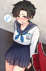 arms_behind_back black_hair black_skirt blue_archive blue_ribbon brown_eyes colored_extremities crossdressing highres leaning_back long_sleeves looking_at_viewer male_focus open_mouth red_hands ribbon sasayumi_tsubaki school_uniform sensei_(blue_archive) sensei_(blue_archive_the_animation) shirt short_hair skirt speech_bubble sweat sweatdrop thumbs_up trap white_shirt