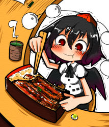 1girl bento black_hair blush chopsticks cup eating eel female_focus food green_tea hat kunitori red_eyes shameimaru_aya short_hair smile solo steam tea tears tokin_hat touhou wings yunomi