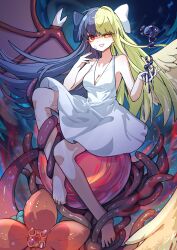 1girl absurdres angel angel_wings bare_shoulders barefoot black_alice_(goddess_of_chaos)_(mon-musu_quest!) black_alice_(mon-musu_quest!) blonde_hair blue_bow blue_hair blurry bow breasts cleavage demon_girl demon_wings depth_of_field dhy-232 dress energy evil_grin evil_smile eyes_visible_through_hair facial_tattoo feathered_wings grin hair_bow heterochromia highres leg_tattoo lens_flare mon-musu_quest! mon-musu_quest:_paradox monster_girl multicolored_hair nose one_eye_narrowed orb red_eyes sitting slime_(substance) smile split-color_hair tail tattoo teeth white_bow white_dress wind wings yellow_eyes