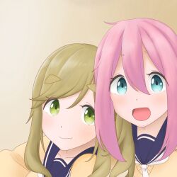 2girls blonde_hair blue_eyes closed_mouth collarbone dot_nose feet_out_of_frame female_focus hair_between_eyes highres indoors inuyama_aoi kagamihara_nadeshiko long_sleeves looking_at_viewer multiple_girls nabehino528 open_mouth pink_hair school_uniform sweater yurucamp