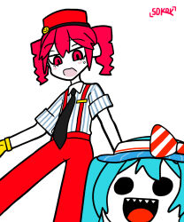 black_eyes blue_eyes blue_hair blue_hat bow conductor gloves hat hatsune_miku highres hypnosis kasane_teto mesmerizer_(vocaloid) mind_control non-web_source open_mouth overalls pants red_bow red_eyes red_hair red_hat red_overalls red_pants sdkaruka sharp_teeth teeth train_conductor utau vocaloid yellow_gloves