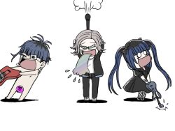 1girl 2boys alternate_costume amemiya_darumi aotsuki_eito bandaged_wrist bandages black_bow black_hair black_jacket blue_hair bow censored chibi earrings eyepatch fishnets glasses grey_hair guitar_case instrument_case jacket jewelry microphone mochi96aa2 multicolored_hair multiple_boys nude omokage_yugamu open_mouth shirt the_hundred_line_-last_defense_academy- twintails vomit white_background white_shirt