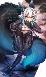 1girl animal_ears aqua_eyes black_sweater blue_hair blue_theme breasts colored_inner_hair commentary_request commission dagger dual_wielding fox_ears fox_girl fox_tail full_body grey_background high_heels highres hogara holding holding_dagger holding_knife holding_weapon knife large_breasts large_tail licking_lips long_hair looking_at_viewer multicolored_hair original skeb_commission solo standing standing_on_one_leg sweater tail tongue tongue_out unzipped weapon white_hair