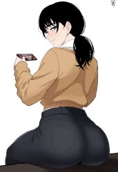1girl absurdres ass ass_focus balatro black_eyes black_hair black_pants brown_sweater chainsaw_man closed_mouth commentary english_commentary highres holding holding_phone light_smile looking_at_viewer lorddantesito medium_hair mitaka_asa pants phone ponytail simple_background sitting solo sweater white_background