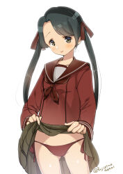 1girl bikini bikini_under_clothes black_hair brown_bikini brown_neckerchief brown_sailor_collar brown_serafuku brown_shirt brown_skirt commentary_request cowboy_shot fujii_rino green_eyes highres kantai_collection mikuma_(2016_swimsuit)_(kancolle) mikuma_(kancolle) neckerchief pleated_skirt sailor_collar sailor_shirt school_uniform serafuku shirt side-tie_bikini_bottom simple_background skirt solo swimsuit twintails white_background