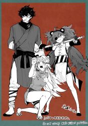 1boy 2girls animal_ears aruaruhizen117 bear_ear_hairband black_hair china_dress chinese_clothes claw_pose claws dress eyepatch full_body glasses greyscale hair_over_one_eye hammer highres holding holding_hammer ju_fufu koleda_belobog lighter_(zenless_zone_zero) long_hair monochrome multiple_girls on_one_knee one_eye_covered open_mouth red_background sash short_hair smile standing striped_hair tiger_ears tiger_girl tiger_stripes twintails waist_sash zenless_zone_zero