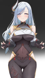 1girl absurdres black_background black_bodysuit blue_eyes blush bodysuit breasts closed_mouth covered_navel genshin_impact gluteal_fold hair_ornament hands_up highres hip_vent kunizaki large_breasts looking_at_viewer shenhe_(genshin_impact) simple_background skin_tight solo tassel thigh_gap white_hair