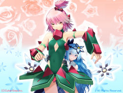 2girls bare_shoulders blue_eyes blush bodysuit cleavage_cutout clothing_cutout cosmic_break covered_navel flower hair_flower hair_ornament hiding high_ponytail highres ion_(cosmic_break) long_hair mecha_musume morizo_cs multiple_girls navel official_art pink_hair ponytail red_eyes regina_winberrl short_hair shy sleeveless sweat very_long_hair winberrl