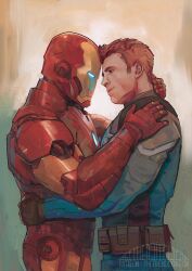 Rule 34 | 2boys, arc reactor, armor, artist name, avengers (series), belt, blonde hair, blue bodysuit, blue eyes, bodysuit, brown belt, brown gloves, captain america, closed mouth, commentary, cowboy shot, english commentary, fingerless gloves, gloves, green background, hand on another&#039;s neck, hand on another&#039;s shoulder, helmet, highres, iron man, lips, looking at another, male focus, marvel, multicolored armor, multiple boys, pocket, red armor, short hair, smile, standing, star (symbol), steve rogers, superhero costume, thefriendlypigeon, two-tone background, yaoi, yellow armor, yellow background