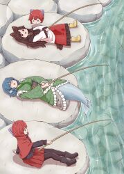 Rule 34 | 3girls, :d, ^ ^, animal ears, arm support, black boots, black pantyhose, black shirt, boots, bow, breasts, brown hair, cloak, closed eyes, disembodied head, dress, fins, fishing, fishing rod, full body, green kimono, hair bow, head fins, holding, holding fishing rod, japanese clothes, kimono, large breasts, long hair, long sleeves, lying, mermaid, monster girl, multiple girls, obi, obijime, on back, open mouth, pantyhose, poronegi, purple bow, purple sash, red cloak, red dress, red eyes, red hair, red skirt, sash, sekibanki, shirt, short hair, skirt, smile, tail, touhou, two-tone dress, wakasagihime, water, white dress, wolf ears, wolf tail, yellow boots