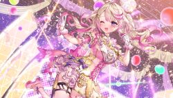 Rule 34 | 1girl, ;d, ahoge, back bow, balloon, blonde hair, blurry, blush, bow, breasts, center frills, cleavage, confetti, dutch angle, first stage production, frills, gloves, hair ornament, half gloves, highres, holding, holding microphone, komeshiro kasu, leg up, medium hair, microphone, multicolored hair, mutogi nanone, official art, one eye closed, open mouth, pink bow, pink hair, pink shoes, purple eyes, shoes, smile, solo, streaked hair, twintails, virtual youtuber, white gloves