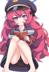 +++ 1girl armband barefoot black_hat black_jacket black_panties black_shirt blue_archive blush book collarbone collared_shirt feet_out_of_frame grey_eyes grin halo hat highres holding holding_book iroha_(blue_archive) jacket knees_together_feet_apart knees_up long_hair long_sleeves looking_at_viewer off_shoulder open_book open_clothes open_jacket panties peaked_cap red_hair shirt sills simple_background smile solo underwear very_long_hair white_background