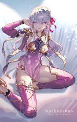 Rule 34 | 1girl, armlet, armor, bikini armor, blush, breasts, circlet, collar, detached sleeves, dress, earrings, fate/grand order, fate (series), flower, hair ribbon, highres, jewelry, kama (fate), kama (second ascension) (fate), large breasts, long hair, looking at viewer, lotus, lotus print, metal collar, pelvic curtain, pink ribbon, pixiv id, purple dress, purple sleeves, purple thighhighs, red eyes, ribbon, ring, smile, solo, thighhighs, thighlet, thighs, vajra (object), washuu, white hair