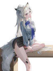 absurdres animal_ears arknights bare_legs black_shoes black_skirt bow bowtie collared_shirt dated desk foot_out_of_frame grey_eyes grey_hair grey_shirt grey_tail hair_between_eyes hair_ornament hairclip high_heels highres lappland_(arknights) long_hair long_sleeves material_growth miniskirt nanaya_journey office_lady on_desk oripathy_lesion_(arknights) pencil_skirt ponytail purple_bow purple_bowtie shirt shoes side_slit simple_background sitting skirt tail white_background wolf_ears wolf_girl wolf_tail