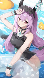 1girl absurdres arknights arm_up black_hairband black_horns black_one-piece_swimsuit breasts hairband highres holding holding_swim_ring horns innertube large_breasts long_hair looking_at_viewer one-piece_swimsuit parted_lips purple_eyes purple_hair rubber_duck solo swim_ring swimsuit teketi typhon_(arknights) water wet wrist_cuffs
