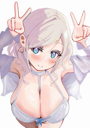 1girl alternate_costume arms_up bikini blue_eyes blush breasts ceras_yanagida_lilienfeld cleavage closed_mouth cowboy_shot double_v grey_hair hair_ribbon halterneck highres jacket large_breasts link!_like!_love_live! long_hair long_sleeves looking_at_viewer love_live! open_clothes open_jacket pink_ribbon pisagi ribbon simple_background smile solo split_mouth standing swimsuit v virtual_youtuber white_background white_bikini white_jacket