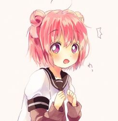1girl ahoge akaza_akari artist_request blush brown_sailor_collar double_bun dress eyelashes hair_bun layered_sleeves long_sleeves looking_at_viewer nanamori_school_uniform open_mouth purple_eyes red_hair sailor_collar sailor_dress school_uniform serafuku short_hair short_over_long_sleeves short_sleeves simple_background solo white_background yuruyuri
