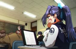 1girl 4boys alternate_costume alternate_hairstyle blue_eyes blue_hair blush chalkboard classroom computer contemporary ddolbang desk earrings hair_intakes highres hololive hololive_english jacket jewelry laptop long_hair multicolored_jacket multiple_boys ouro_kronii ponytail red_nails school_desk two-tone_jacket virtual_youtuber