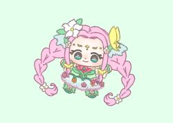 Rule 34 | 1girl, absurdly long hair, bag bow, bow, bracelet, braid, bubble skirt, butterfly earrings, butterfly hair ornament, chibi, circlet, closed mouth, cure felice, dot nose, earrings, eyelashes, flower, forehead, frilled sleeves, frills, green background, green eyes, green ribbon, green shirt, green shoes, green skirt, hair flower, hair ornament, hair ribbon, hanami kotoha, happy, ichigo usuhana, jewelry, leg ribbon, light blush, long hair, long sleeves, looking at viewer, low twin braids, mahou girls precure!, miniskirt, orange flower, outstretched arms, pink bow, pink flower, pink hair, pink rose, precure, ribbon, rose, shirt, shoes, simple background, skirt, smile, solo, tareme, twin braids, very long hair, waist bag, white bag, white flower, white sleeves