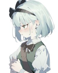 1girl black_bow black_bowtie blush bow bowtie ear_blush embarrassed from_side green_vest grey_eyes grey_hair hairband heoningu highres konpaku_youmu looking_to_the_side medium_hair open_mouth own_hands_together shirt short_sleeves solo touhou upper_body vest white_background white_shirt