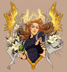 Rule 34 | beard, black bridal gauntlets, bridal gauntlets, brown hair, cape, facial hair, fairy-of-matter, fleur-de-lis, flower, green eyes, green lips, green nails, grey cape, gyro zeppeli, highres, iris (flower), jojo no kimyou na bouken, long hair, looking at viewer, male focus, no headwear, purple shirt, shirt, short sleeves, solo focus, steel ball (jojo), steel ball run, upper body, white flower, wings