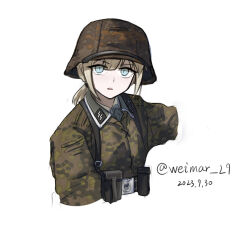 1girl artist_name blonde_hair blue_eyes camouflage dated hat helmet highres jacket looking_at_viewer low_ponytail military military_combat_uniform military_hat military_uniform nazi original ponytail short_hair simple_background solo totenkopf twitter_username upper_body waffen-ss weimar_29 white_background world_war_ii