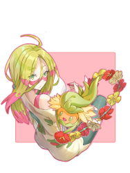 1girl 2017 ahoge blonde_hair border bra_strap comfey creatures_(company) drawing flower from_above from_behind game_freak gen_7_pokemon green_eyes highres looking_at_viewer looking_back looking_up mina_(pokemon) nintendo paint pen pink_background pokemon pokemon_sm sitting torn_clothes torn_legwear white_border zu-m_(zumcunix)