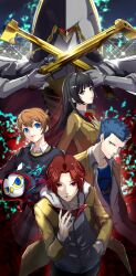 2boys 2girls absurdres animal arai_motoha bird black_hair black_shirt blonde_hair blue_hair brown_eyes closed_mouth collared_shirt colored_sclera commentary dual_wielding gun hand_in_pocket highres holding hood hood_down hoodie jacket janosik_(persona) kamishiro_nagisa kanou_shun long_hair lufel_(p5x) multiple_boys multiple_girls open_clothes open_jacket owl persona persona_5 persona_5:_the_phantom_x pocket red_eyes red_hair shirt short_hair tanemura_riko weapon white_hoodie white_shirt yellow_jacket yellow_sclera yuu_(primenumber7)