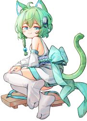 Rule 34 | 1girl, animal ears, blue eyes, cat ears, cat girl, cat tail, chaosexceed, closed mouth, commentary, detached sleeves, english commentary, full body, highres, no shoes, original, paid reward available, sandals, short hair, simple background, smile, soles, solo, tabi, tail, thighhighs, unworn sandals, white background, white sleeves, white thighhighs, zouri