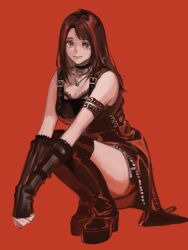 1girl arm_warmers belt black_choker black_hair black_thighhighs breasts choker closed_mouth collarbone final_fantasy final_fantasy_viii full_body highres jewelry lips long_hair looking_at_viewer necklace nini_tw99 red_background rinoa_heartilly smile solo thighhighs