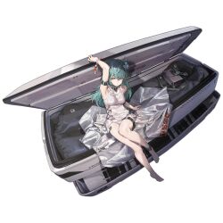 Rule 34 | 1girl, android, anklet, antonina (neural cloud), armpit peek, awakening (neural cloud), barcode, barcode tattoo, bare hips, bare legs, bare shoulders, barefoot, female focus, girls&#039; frontline, girls&#039; frontline neural cloud, green hair, highres, jewelry, long hair, official art, robot girl, solo, tattoo, thighlet, yellow eyes