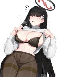 Rule 34 | 1girl, black bra, black hair, black panties, blue archive, blunt bangs, blush, bra, breasts, clothes lift, crotch seam, flying sweatdrops, hair ornament, hairclip, halo, kollerss, lace, lace-trimmed bra, lace trim, large breasts, lifting own clothes, long hair, long sleeves, looking at viewer, panties, panties under pantyhose, pantyhose, ribbed sweater, rio (blue archive), simple background, solo, sweater, sweater lift, thighband pantyhose, thighs, underwear, very long hair, white background