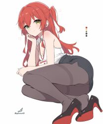 1girl ass black_pantyhose black_shoes black_skirt blush bocchi_the_rock! breasts cleavage closed_mouth commentary green_eyes head_rest high_heels highres kita_ikuyo lanyard long_hair looking_at_viewer lying minusk9 on_side one_side_up pantyhose pencil_skirt red_hair shirt shoe_soles shoes simple_background skirt sleeveless sleeveless_shirt small_breasts smile solo thighband_pantyhose white_background white_shirt