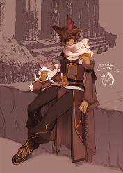 2boys alternate_color animal_ears black_pants brown_background brown_capelet brown_coat brown_hair brown_pants brown_sleeves capelet cat_ears closed_mouth coat commentary_request dark-skinned_male dark_skin detached_sleeves expressionless food fox_boy fox_ears full_body furry furry_male gold_trim hair_over_one_eye highres male_focus multiple_boys official_alternate_costume omanjuu_(tamppcn) open_mouth pants pelvic_curtain ragnarok_online red_eruma red_eyes scarf shirt short_hair sleeveless sleeveless_shirt sorcerer_(ragnarok_online) starfish summoner_(ragnarok_online) taiyaki translation_request wagashi white_scarf