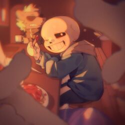 Rule 34 | 2boys, black pants, black sclera, blue jacket, blurry, blurry foreground, chinese commentary, colored sclera, commentary request, cup, film grain, finger frame, food, food on face, from side, gloves, grin, holding, holding cup, hood, hood down, hooded jacket, indoors, jacket, lazy kun, looking at viewer, male focus, multiple boys, one eye closed, out of frame, pants, plate, sans (undertale), sitting, skeleton, smile, solo focus, table, undertale, white eyes, white gloves