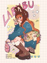 1girl animal_ears artist_logo artist_name bag black_eyes blush boots border bow charm_(object) cheumi commentary copyright_name english_commentary english_text full_body hair_ornament handbag hat highres holding jacket labubu logo long_hair long_sleeves looking_at_viewer orange_hair original plaid_clothes plaid_skirt pop_mart shoulder_bag skirt socks solo sparkle squatting star_(symbol) stuffed_animal stuffed_toy v