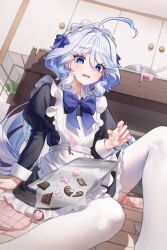 1girl absurdres ahoge alternate_costume apron baking black_dress blue_eyes blue_hair chabi009 chocolate clumsy commentary dress drop-shaped_pupils english_commentary enmaided furina_(genshin_impact) genshin_impact grey_hair hair_between_eyes heterochromia highres indoors juliet_sleeves long_hair long_sleeves maid maid_apron maid_headdress mismatched_pupils multicolored_hair open_mouth puffy_sleeves short_dress sitting solo spill symbol-shaped_pupils thighhighs tray tripping valentine very_long_hair white_thighhighs